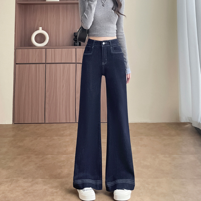 丹宁蓝阔腿牛仔女长裤春秋季新款流行高腰显瘦弹力拖地裤子明线|undefined