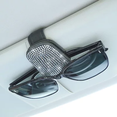 Car diamond-encrusted glasses clip, car-mounted rhinestone eyeglass holder, in-car glasses frame with diamonds, car-use full-diamond bill holder (Car Glasses Clip/Bill Clip) - white-diamond