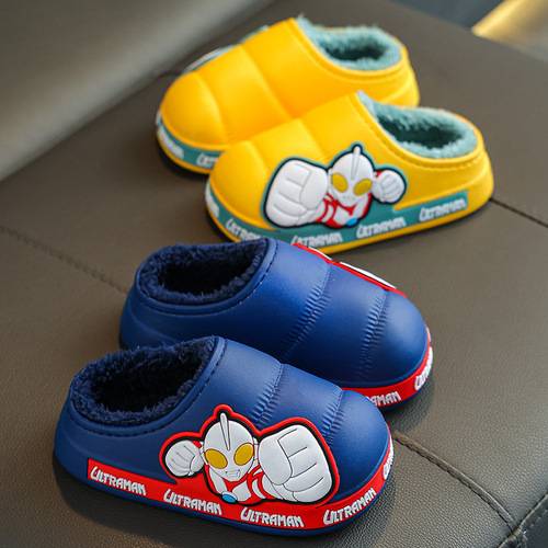 Ultraman winter children's cotton slippers for boys and girls, large, medium and small children's bags, warm and waterproof plus velvet baby cotton shoes