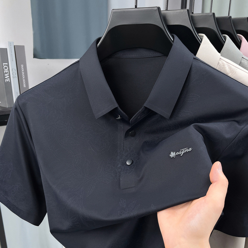 Cross-border delivery of anti-wrinkle ice silk men's short-sleeve t-shirt, new summer style, dad's turn-down collar polo shirt, quick-dry top for men