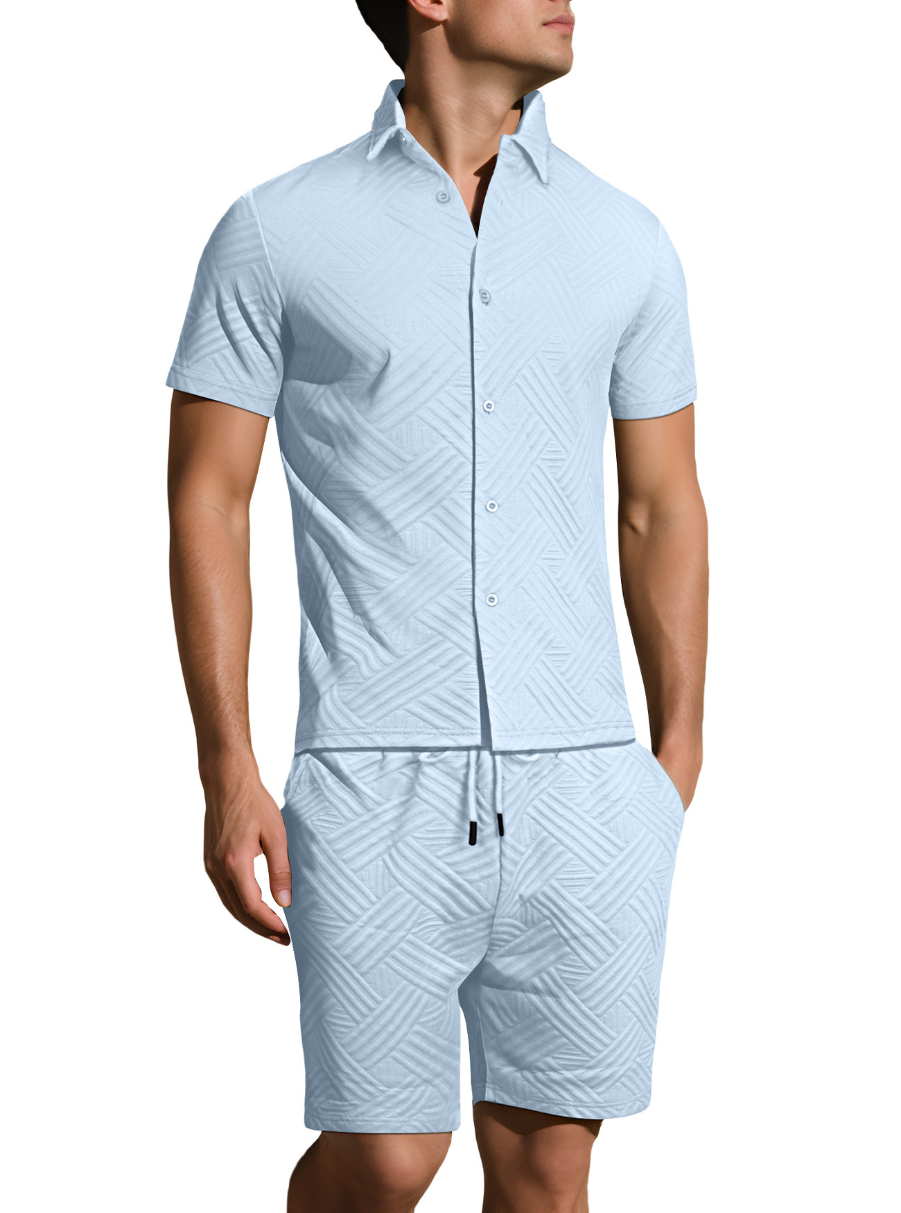 Oferta de verano transfronteriza de Amazon: Nuevo conjunto de dos piezas para hombre, camisa jacquard de color sólido y pantalones cortos casuales de manga corta.
