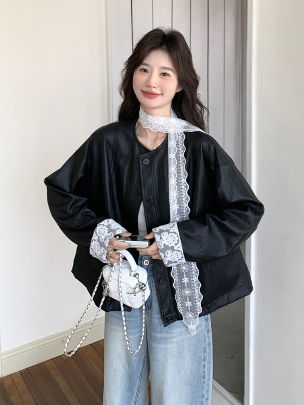 酷飒风蕾丝拼接黑色皮衣外套女2025新款早秋穿搭小个子夹克|undefined