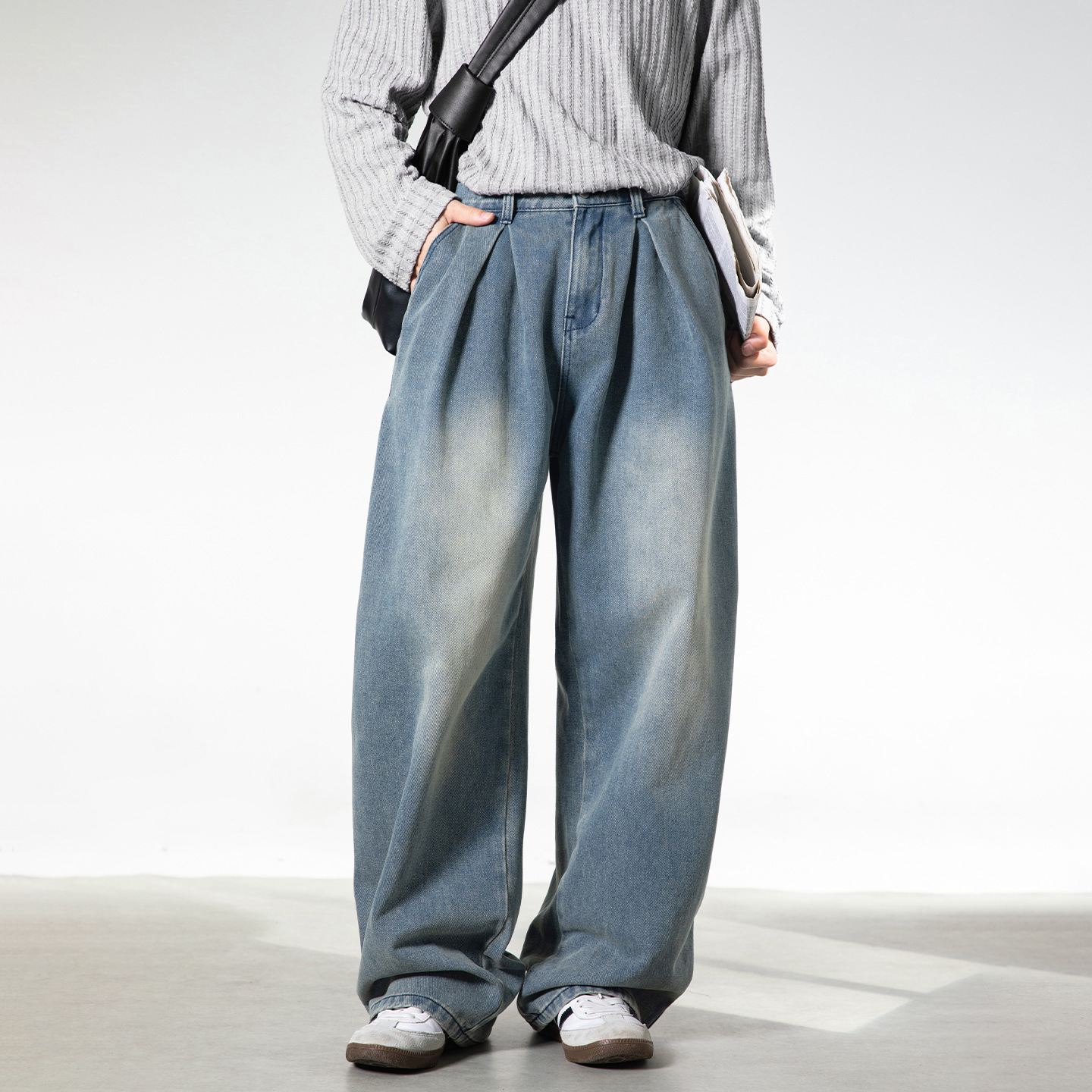 Retro Washed Oversized Jeans for Men Straight Leg Loose Fit Casual Trousers Split Pleats mid Waist Cotton Spring Style_voghion.com