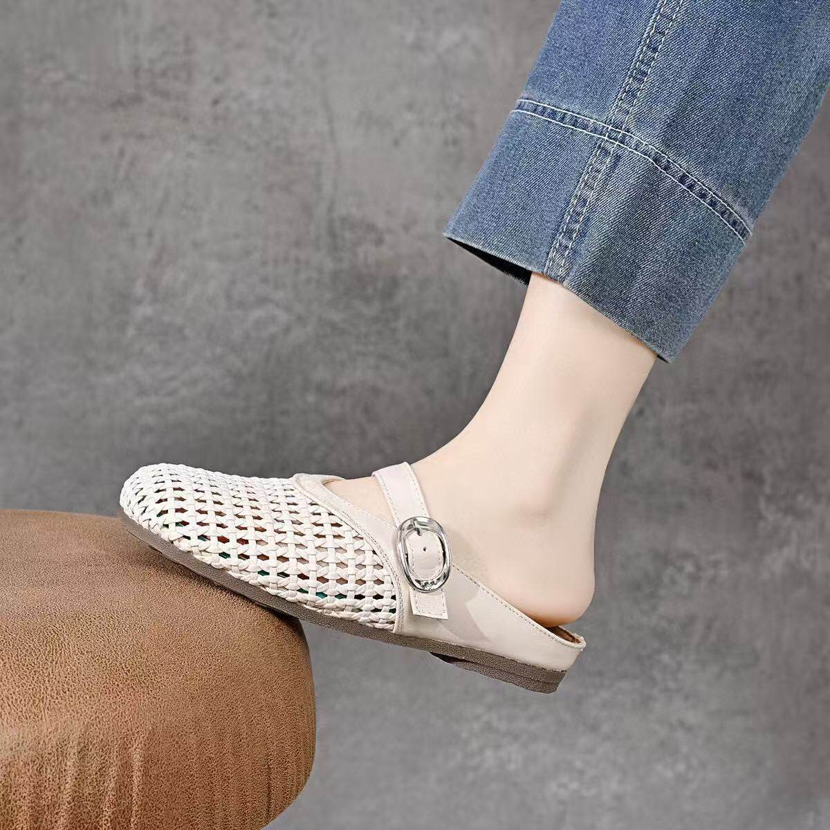 Dép sandal nữ da thật mũi tròn đan rỗng gót thấp chống trượt — màu be chi tiết 6