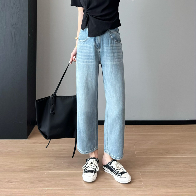 A2964 Big Straight Legs! Chao Soft Tencel Hemp Petite Summer Thin Slimming Look Nine-Point Jeans for Women
