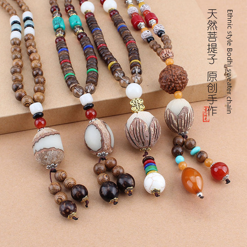 Factory-direct ethnic-style Bodhi sweater chain, scenic spot accessories, versatile cotton-linen & wooden bead necklace accessories—wholesale