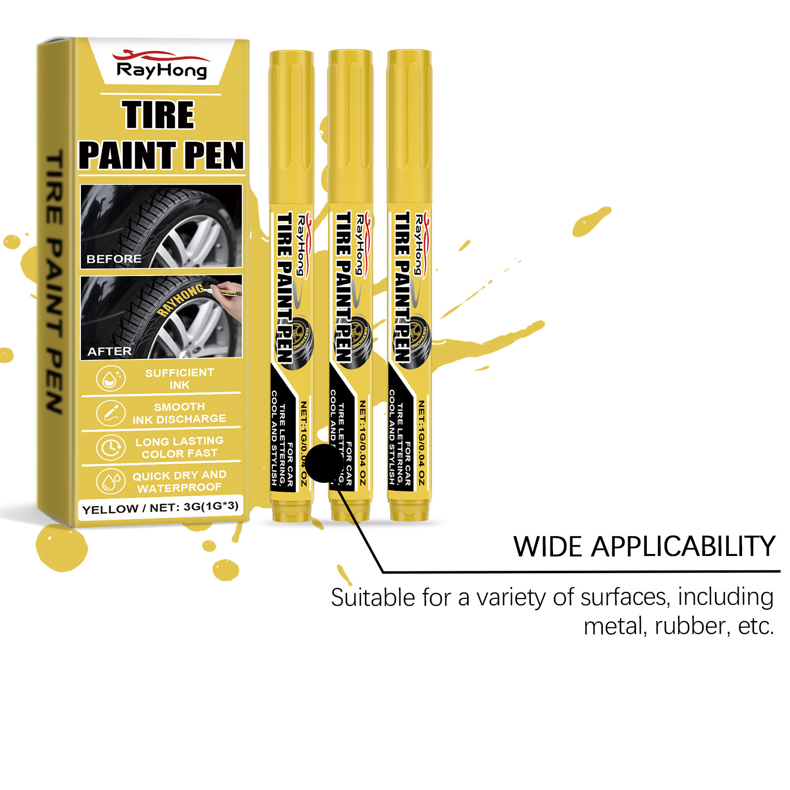 Rayhong Yellow Car Tire Paint Pen Car Tire Art Painting Waterproof Long-Lasting Oil-Based Pen