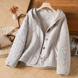 2025冬新款单雨露棉麻棉服外套绗棉文艺复古牛角扣外套冬