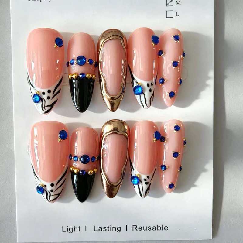 Handmade almond-shaped nails, nude pink, sapphire blue, diamond-studded, gold-edged, zebra-patterned fake nails, suitable for light luxury occasions and banquets, reusable Handmade almond-shaped nails, nude pink, sapphire blue, diamond-studded, gold-edged, zebra-patterned fake nails, suitable for light luxury occasions and banquets, reusable