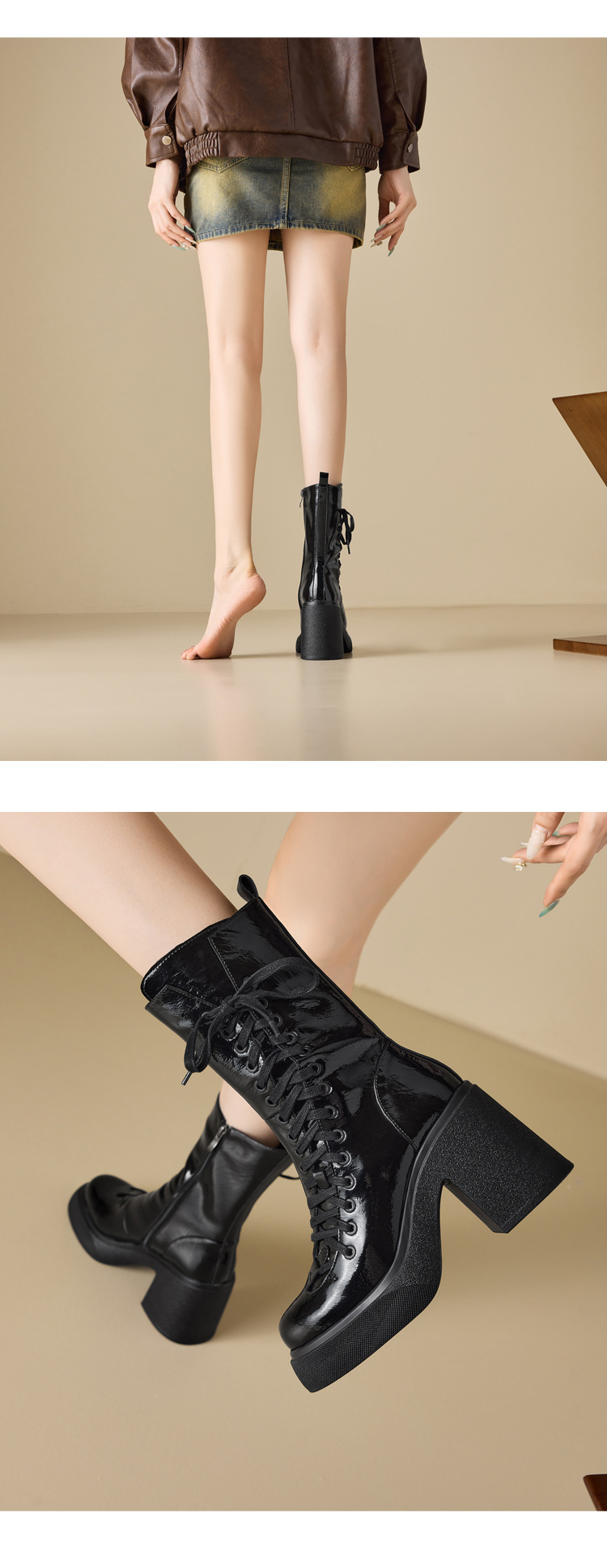 Boot nữ cổ ngắn đế dày 10 cm dây buộc mũi tròn khóa kéo bên — nhung đen chi tiết 12