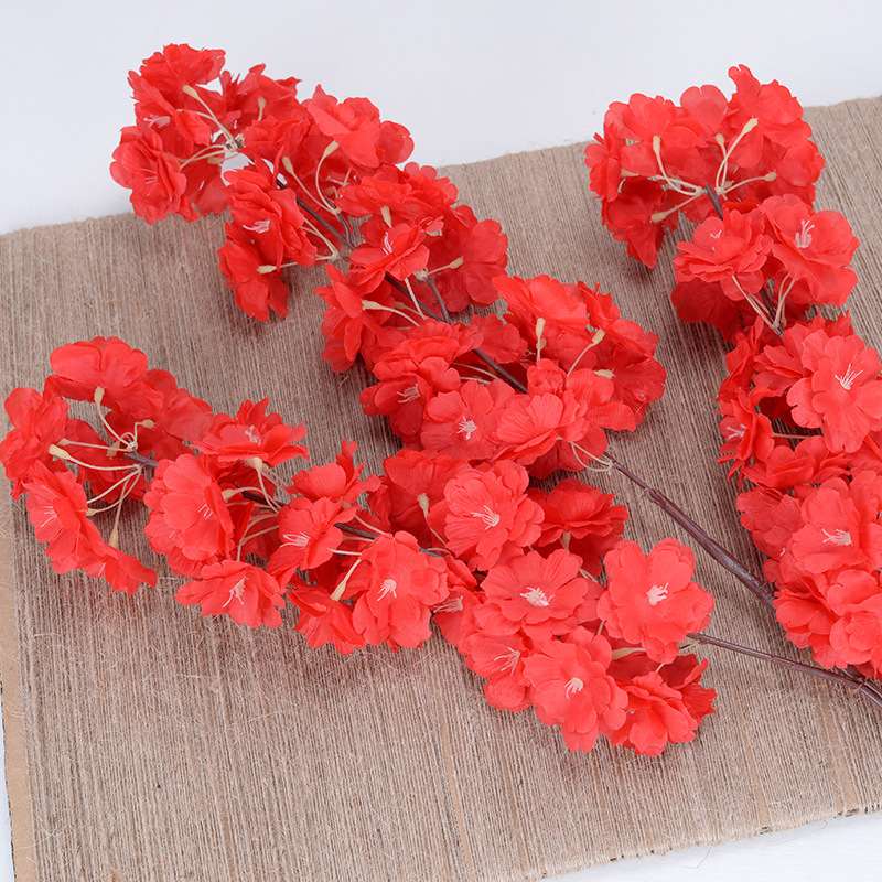 Cifrado de rama de flor de cerezo artificial 4 tenedor 3 tenedor flor de cerezo árbol flor artificial decoración de la boda flor falsa flor de cerezo colorido al por mayor