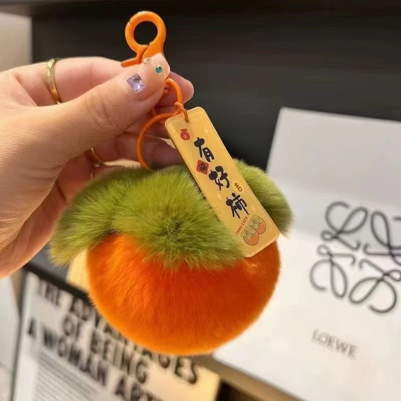 Фальшивый мех persimmon брелок-талисман, милый аксессуар для сумки, 33 г, ярлыки с пожеланиями