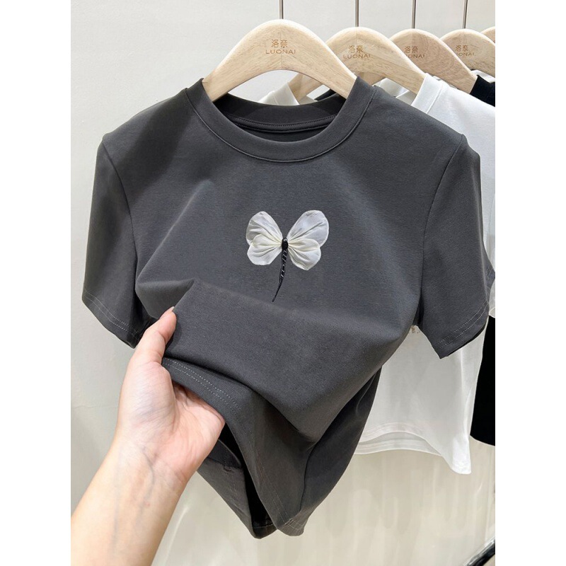 Gray Bow Round Neck Short-Sleeved T-Shirt for Women Summer 2025 New Design Niche Slim Half-Sleeved Top Trendy
