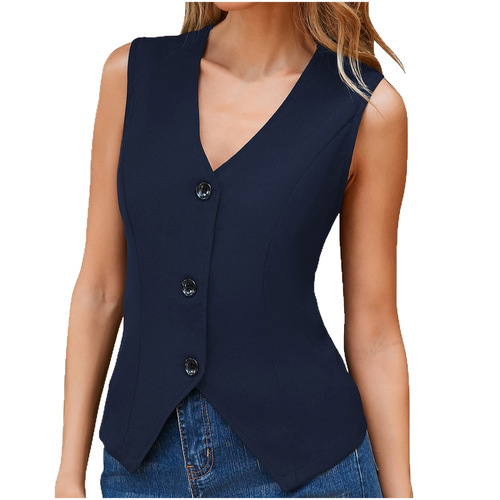 Summer European and American V-neck sleeveless vest top with buttons, temperament, fashion and trend.