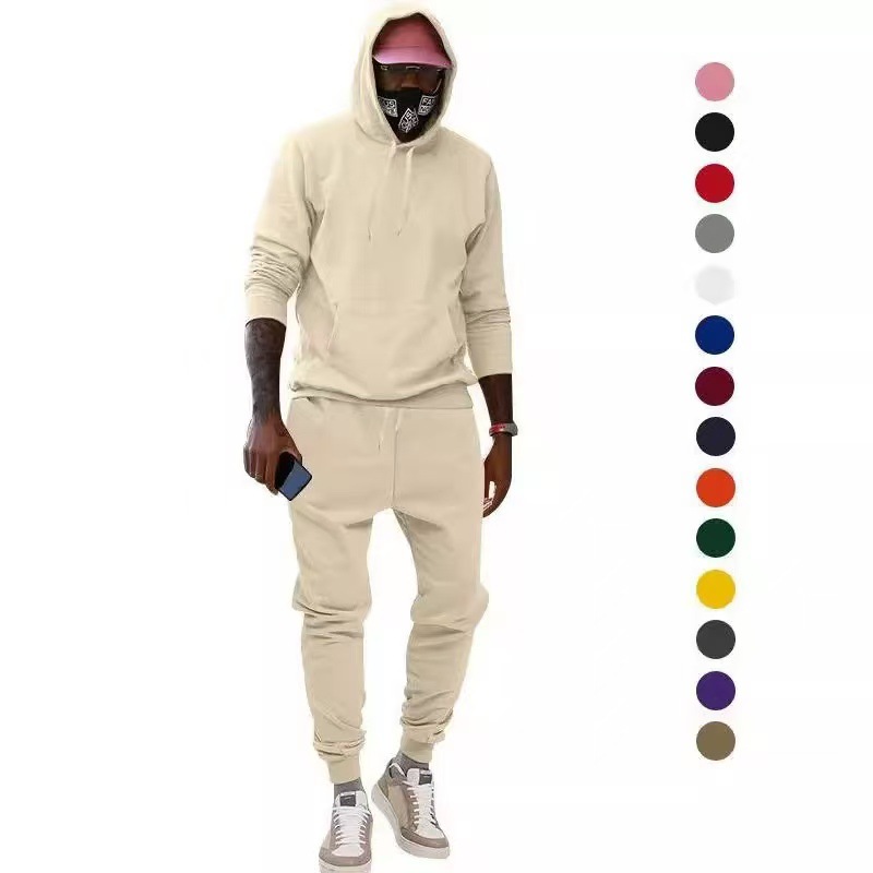 Cross-Border European Size Hooded Velvet Sweatshirt Suit European and American Sports Casual Pure Color Two-Piece Men's Loose Sportswear