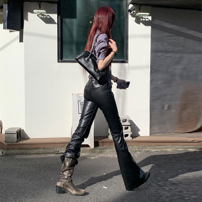 MINGHAI 2024 유행 자매 맛 모든 경기 폭발 가죽 바지 하이 엔드 캐주얼 다채로운 단일 제품 가죽 플라 바지