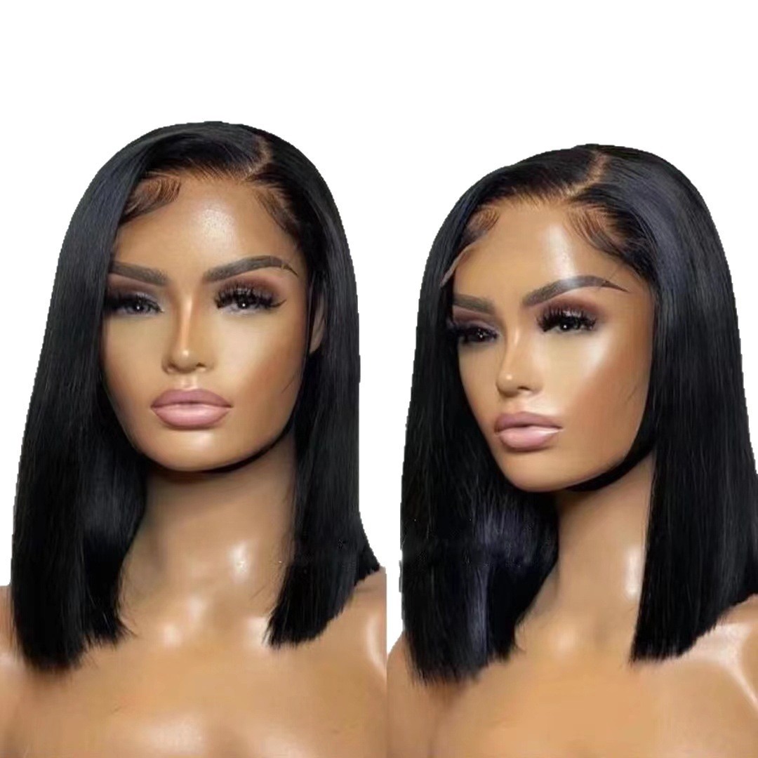 Peruca feminina estilo europeu/americano com renda 13x4, cobertura total da cabeça, corte bob curto e liso._voghion.com