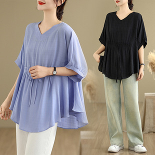 Solid Color Cotton and Linen V-Neck Bat Sleeve Top for Plus-Size Women, Drawstring Ruffled Short-Sleeve T-Shirt for Women, Summer 2025 Style