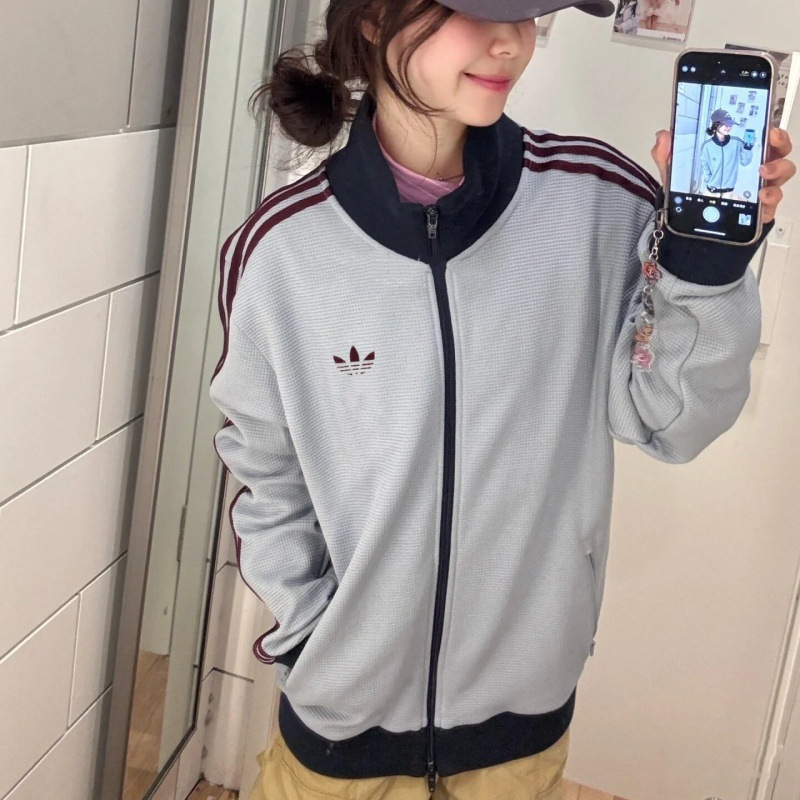 Clover Waffle Jacket Jennie Style Spring and Autumn Unisex Three-Stripe Color-Blocking Couple's Top 0109
