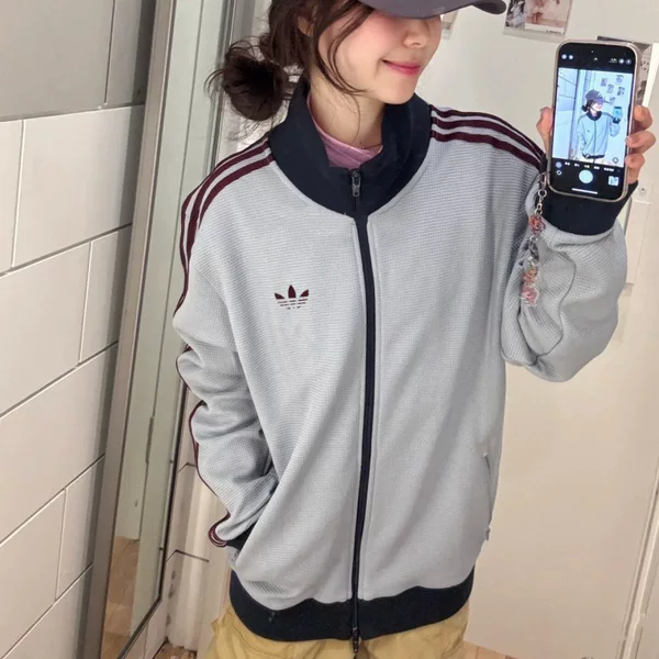 Clover Waffle Jacket Jennie Style Spring and Autumn Unisex Three-Stripe Color-Blocking Couple's Top 0109