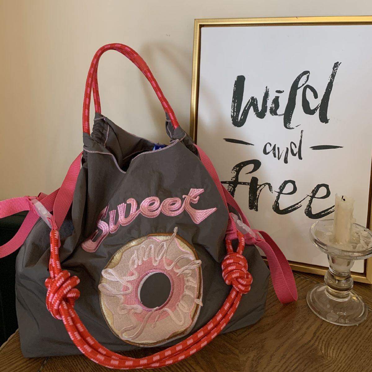 新品韩版网红日系小众刺绣购物袋尼龙手提包学生单肩包环保便当包