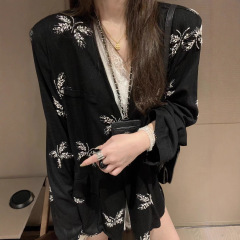 2025秋季新款小众重工黑色手工钉珠亚麻西装女