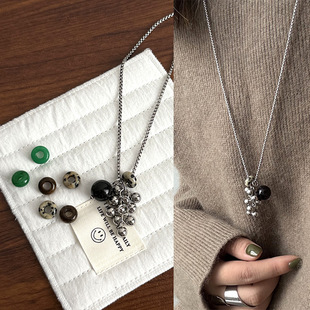 Niche bloggers have the same style as tiger-eye stone titanium steel grape bunches ball design versatile sweater chain ins fashion necklace