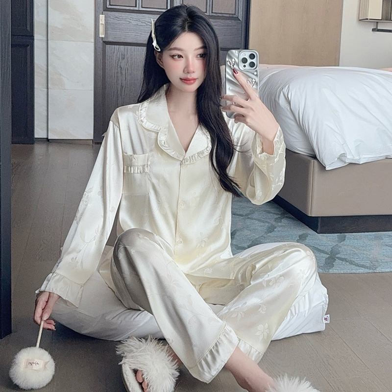 奢华高贵女士睡衣春秋新款丝绸长袖高级花卉冰丝家居服两件套批发|undefined