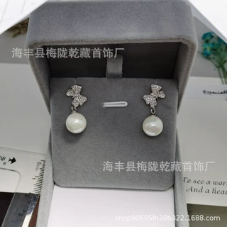 DIY珍珠配件S925纯银时尚微镶蝴蝶耳钉耳环耳饰 8-10mm空托不带珠