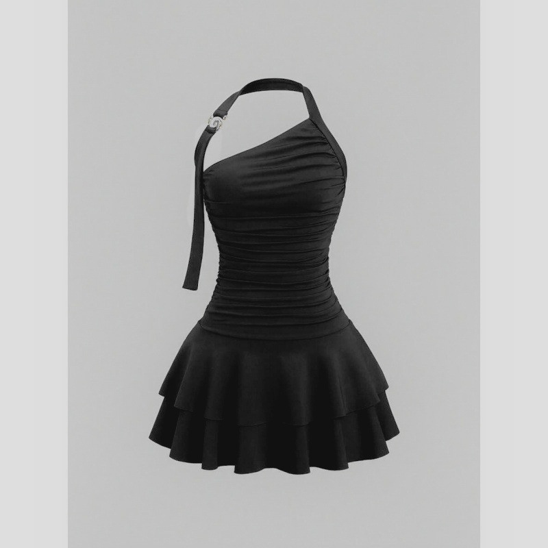 Women's Clothing Solid Color Off-Shoulder Dress Fashion One Shoulder Halter Neck Slimming Waist Pleated Skirt Sexy Versatile_ecoleips.com
