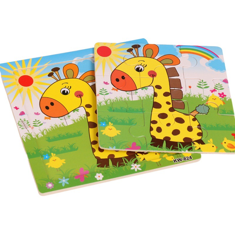 Rompecabezas de madera de 9 piezas con animales de dibujos animados para niños, con base de encaje, juguete educativo temprano para niños y niñas. image 1