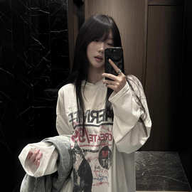 胖mm美式高街卡通猫咪大码长袖t恤女春秋潮牌情侣纯棉打底衫上衣