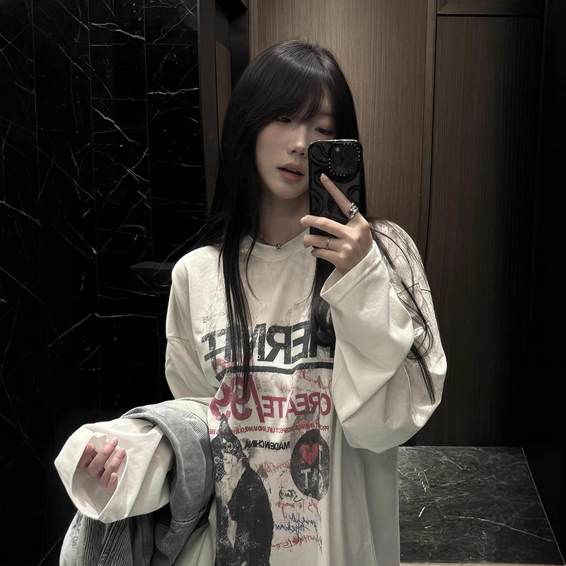 Plus-Size American High Street Cartoon Cat Long-Sleeve T-Shirt for Women, Spring and Autumn Trendy Brand Couple Pure Cotton Base Shirt Top