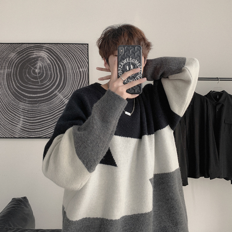 Autumn and winter thick fashion Instagram contrasting color thickened men's Korean version trend patchwork knitted_voghion.com
