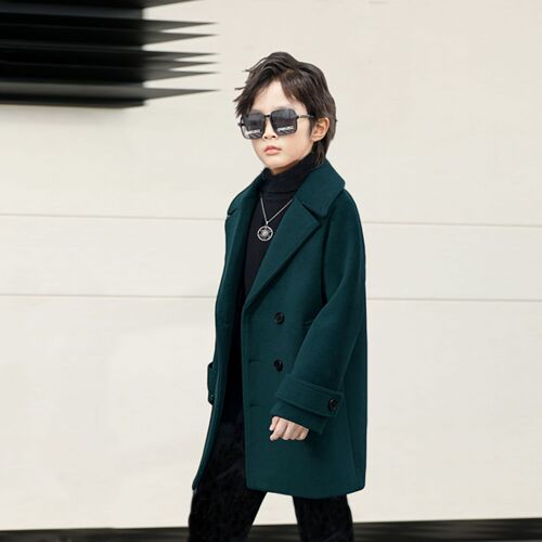 Double-breasted winter coat for boys, stylish plush woolen overcoat, thick children's reversible collar, mid-length woolen jacket