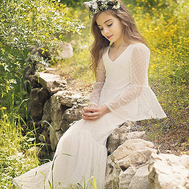 Nuevo europeo y americano transfronterizo vestido de novia para niños niñas encaje manga larga Rendimiento De Cumpleaños simple vestido de princesa entrega