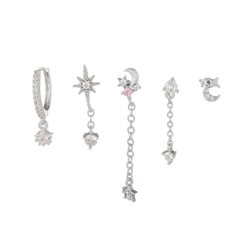 Conjunto de pendientes de borlas de estrella y luna, superventas transfronterizos para mujer, a la moda y de alta gama, lujo ligero, conjunto de cinco piezas con incrustaciones de circonita, venta al por mayor.
