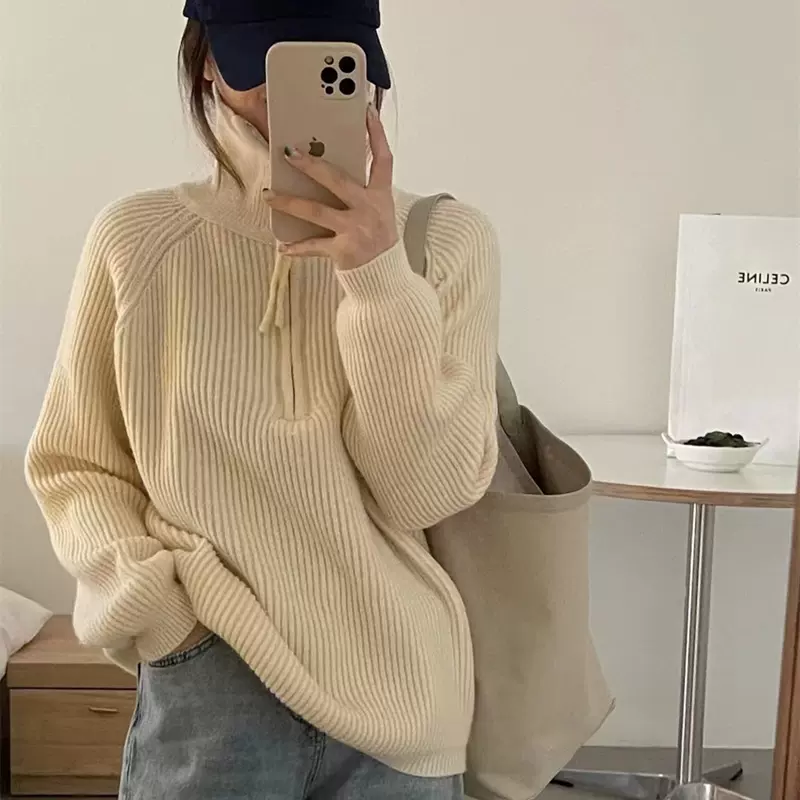 半拉链高领套头毛衣女2023秋冬新款韩版宽松慵懒风软糯针织衫上衣