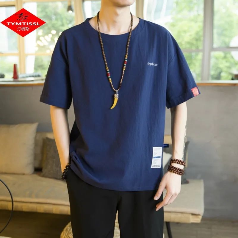 Camiseta de lino de manga corta para hombre Traje Tang de estilo chino Traje de hombre gordo retro de gran tamaño Abrigo de algodón y lino de media manga suelto y delgado