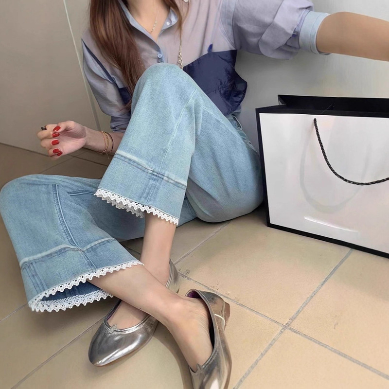 Maternity Pants That Don'T Tighten the Belly 2025 New Spring and Summer Lace Denim Wide-Leg Pants Petite Cropped Pants Women 81060