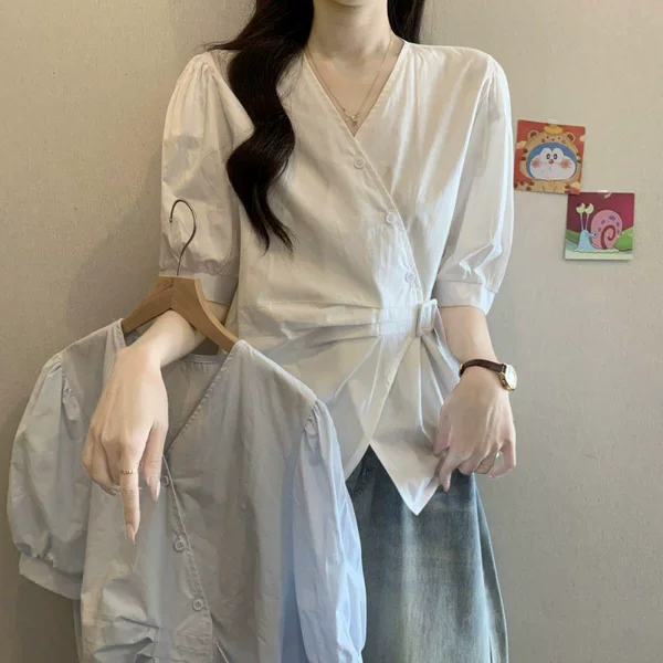 Irregular V-Neck Summer Plus-Size White Short-Sleeve Shirt for Plus-Size Women, Unique Slimming Design with Waist-Cinching Features