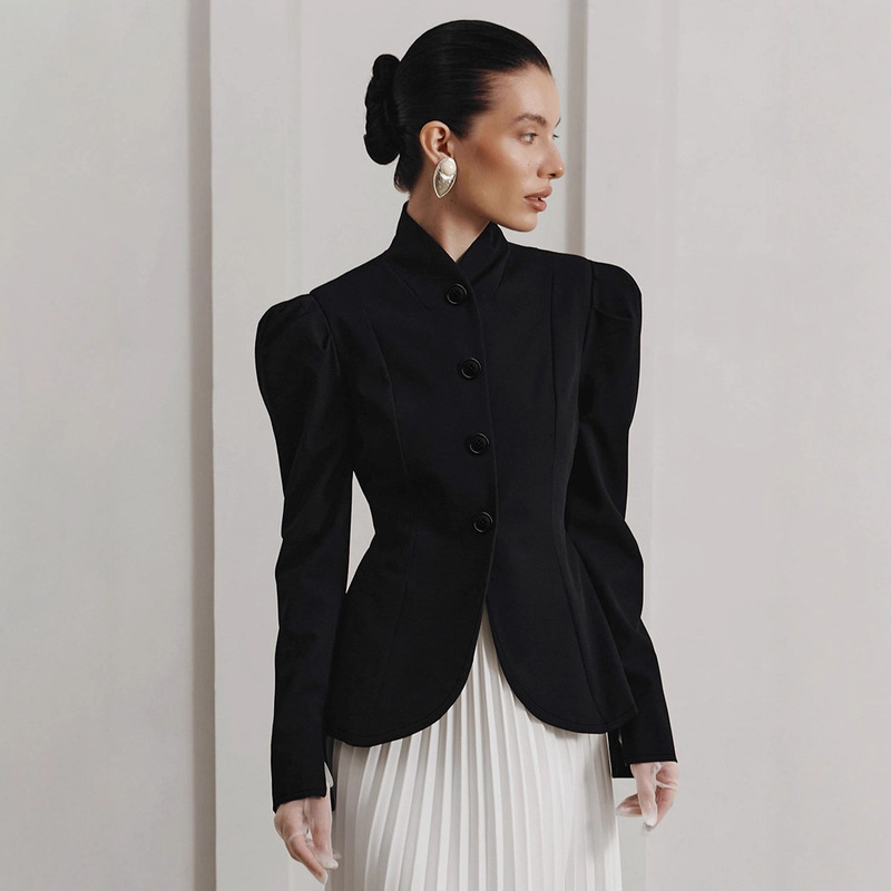Autumn and Winter Elegant Commuter Puff Sleeve Small Fragrance Jacket Women's French Elegant Retro Stand Collar Black Small Suit Autumn and Winter Elegant Commuter Puff Sleeve Small Fragrance Jacket Women's French Elegant Retro Stand Collar Black Small Suit