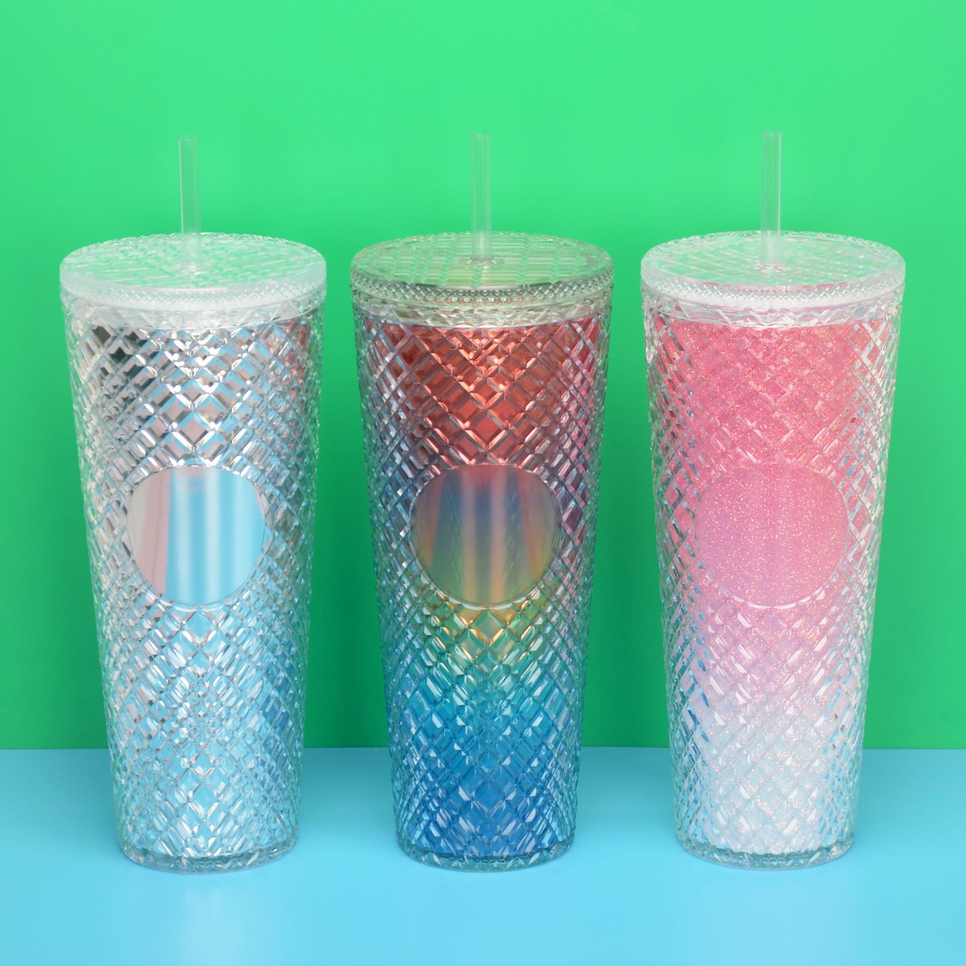 Taza de agua de paja de plástico de doble capa de color degradado transfronterizo AS/PS480/600ml con taza de regalo de café