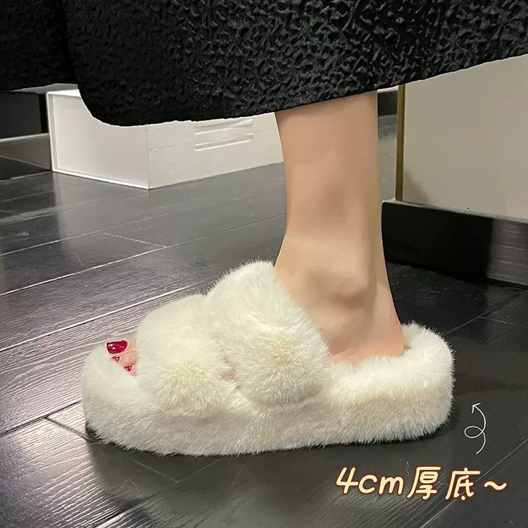 毛毛拖鞋女外穿网红松糕厚底增高显瘦仙女风百搭一字拖ins面拖鞋