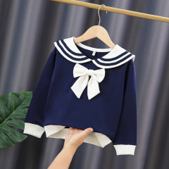 高級の女の子の衛衣春秋の子供の子供の純綿の長袖のtシャツの流行の洋風の海軍の風は襟の上着の5をひっくり返します。