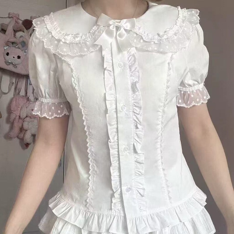 In-Stock Lolita Short-Sleeve Top with Cute Lolita Design, Doll Collar, and Bow Short-Sleeve Shirt