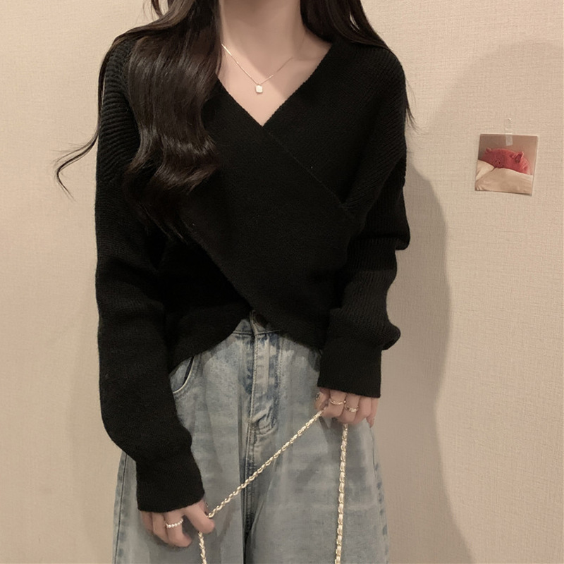 (2개) 디자인 분위기 크로스 풀오버 스웨터 여성 플러스 사이즈 통통녀 슬리밍 V 넥 탑베이스 니트 스웨터