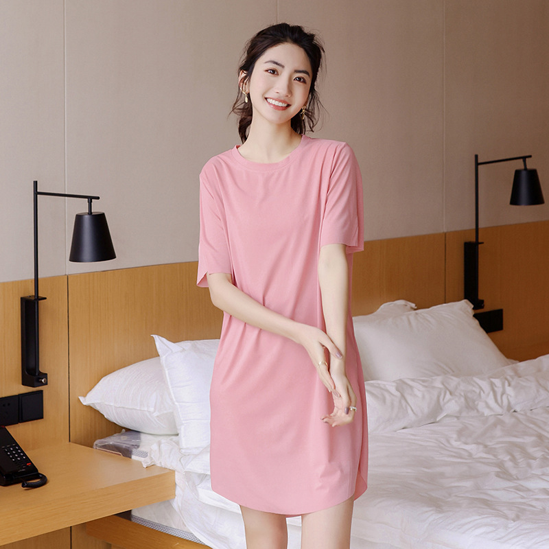 Ice Silk Cool Dress for Summer, Simple Mid-Length Dress for Female Students, Loose-Fitting Home Wear, Solid Color Nightgown