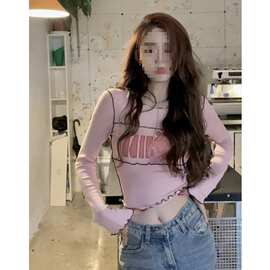 短款辣妹纯欲风修身显瘦打底衫女春秋小众设计感紧身长袖恤上衣