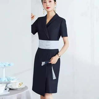 新中式连衣裙女职业装短袖售楼部美容师SPA水疗播音主持工作服